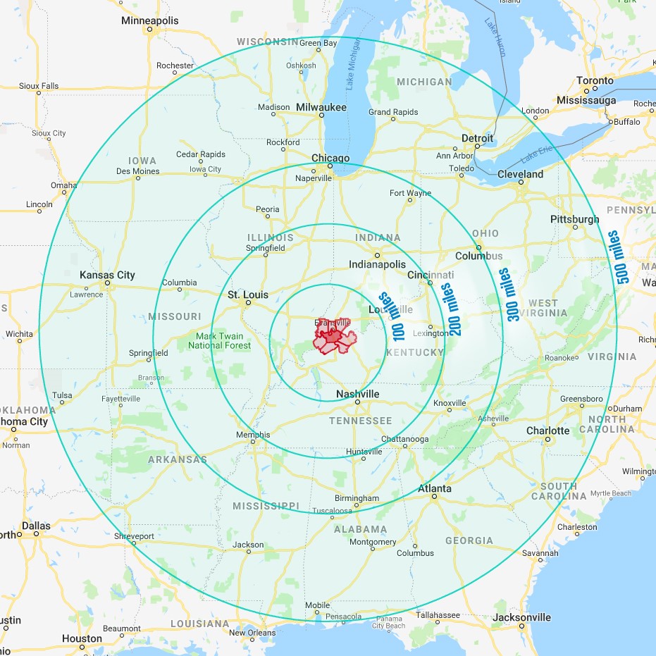 Henderson KY is conveniently located within 200 miles of major cities such as Nashville, St. Louis, Indianapolis and Cincinnati.